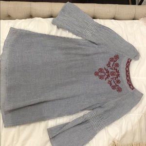 Blue+white striped dress with burgundy embroidery